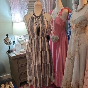 Studio West Navy Blue and White Linen Halter Midi Dress NWOT